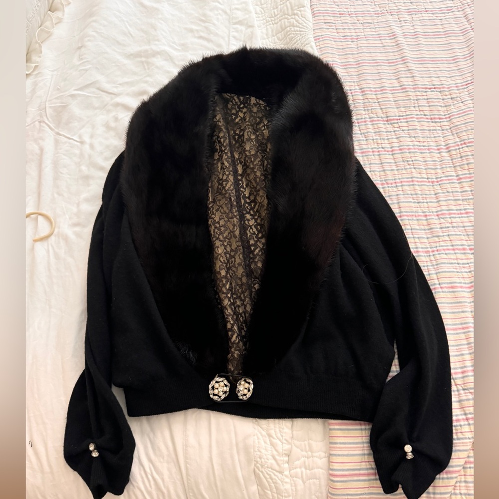 COPY - Vintage 50’s Mink Collar Wool Blend Cardigan Med Black